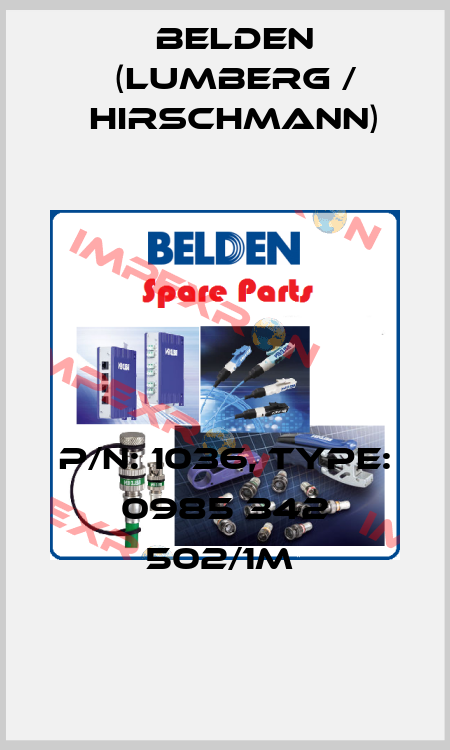 P/N: 1036, Type: 0985 342 502/1M  Belden (Lumberg / Hirschmann)