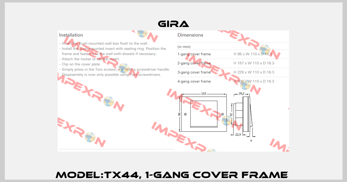 Model:TX44, 1-gang cover frame  Gira